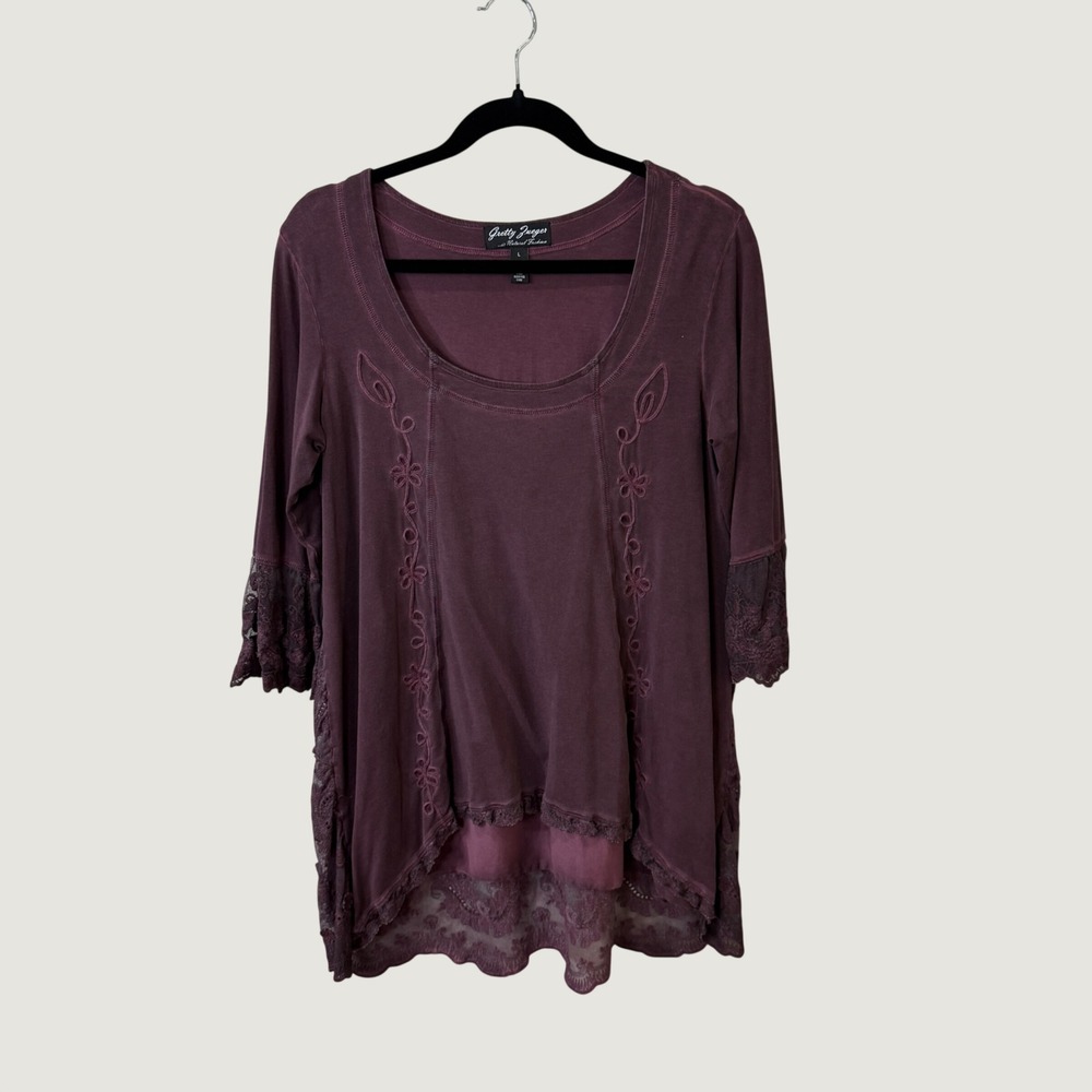 Gretty Zueger Purple Lace Tunic Top Sz L Boho Cottagecore Floral Embroidery Peru